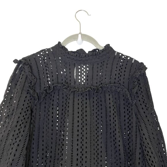 MADEWELL Black‎ Eyelet Ruffle Long Sleeve Tie Mock Neck Blouse Size XS Solid - Picture 4 of 7